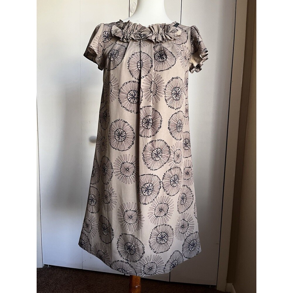 Mossimo Womens XS Taupe Circle Print Ruffle Neck Dress A-Line